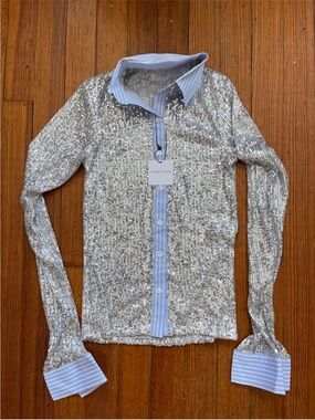 NWT Hand Over Jack's Blouse in Silver Sequin Blue White Stripe Button Down Shirt